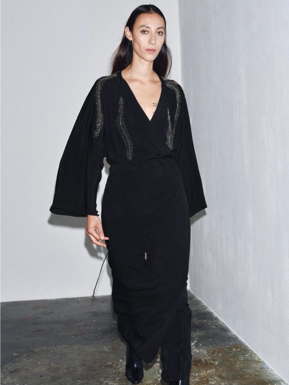 Zara BlackBeaded Embroidered Maxi / Wrap Dress (Ref. 5107/283/800), NWT, XS